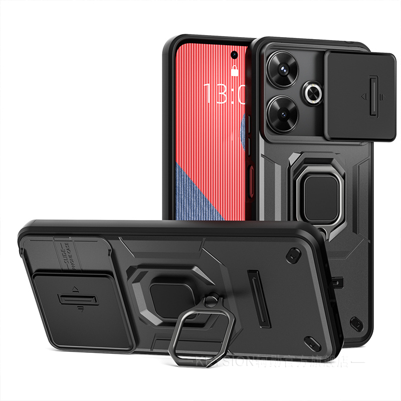 适用于红米Note 13R镜头保护推窗手机壳POCO M6车载指环支架全包防摔保护套红米13国外版商务男多功能保护壳