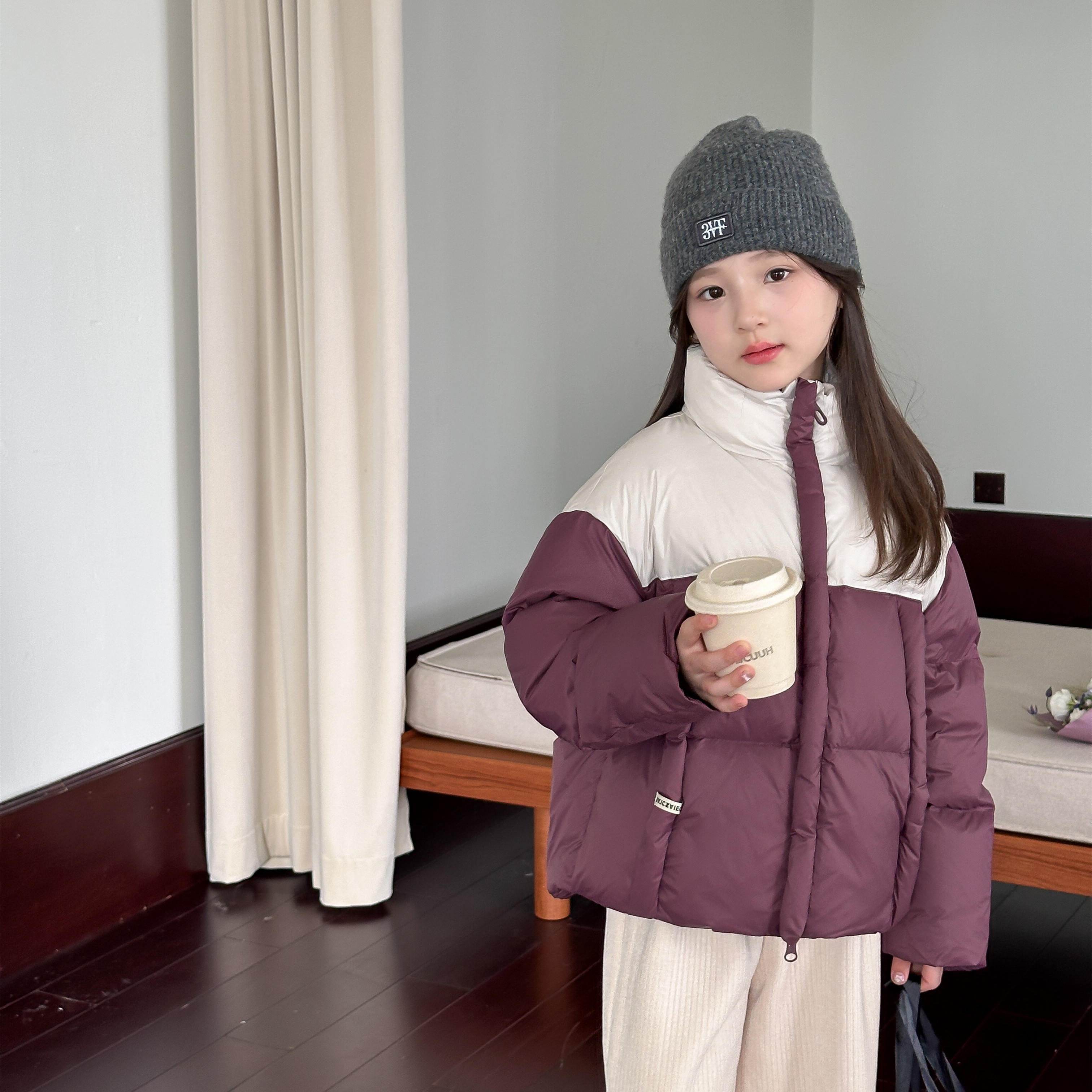 女童羽绒服2025冬款儿童三防加厚90白鸭绒拼色韩系中大童羽绒外套