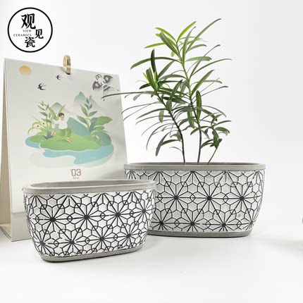 ins简约北欧风创意绿植多肉椭圆现代阳台室内户外水泥花盆观见瓷