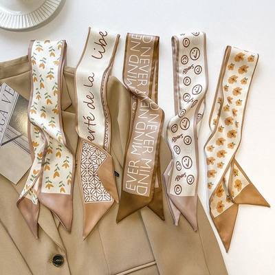 Ins Silk Scarf Lady Hairbands Design Letter Print Khaki Neck