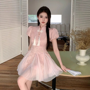 新中式重工改良旗袍多巴胺穿搭连衣裙女夏季流苏国风公主蓬蓬裙子