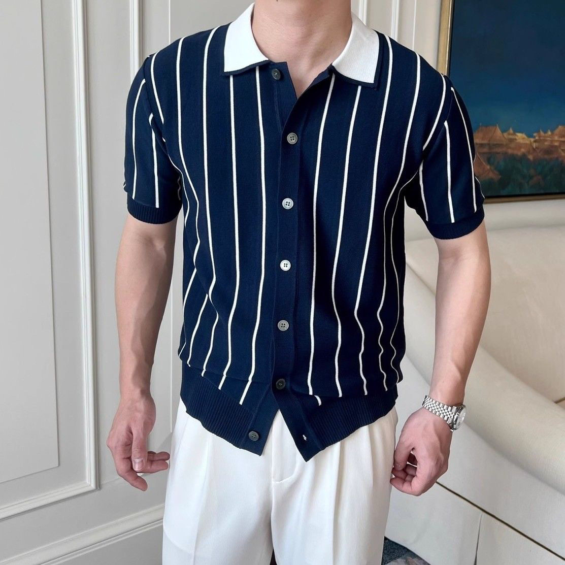 夏季男条纹修身短袖针织Polo衫
