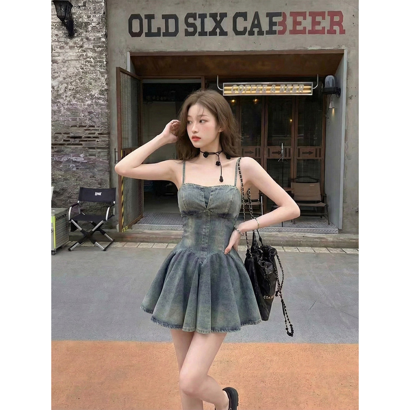 夏季韩系收腰水洗磨白牛仔连衣裙