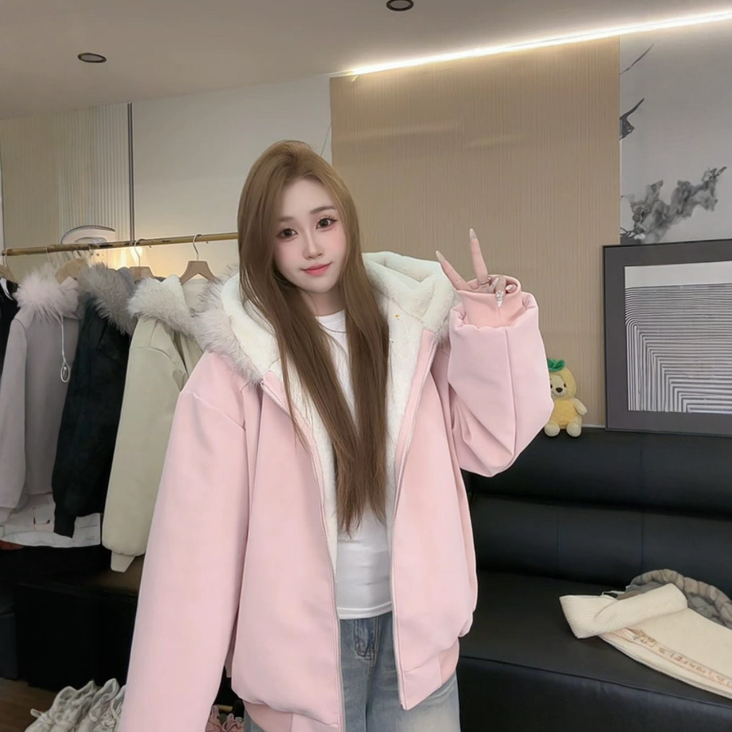 美式连帽座山雕加厚保暖棉服女款