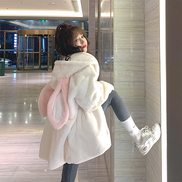 秋冬加厚甜美兔耳羊羔毛绒外套女