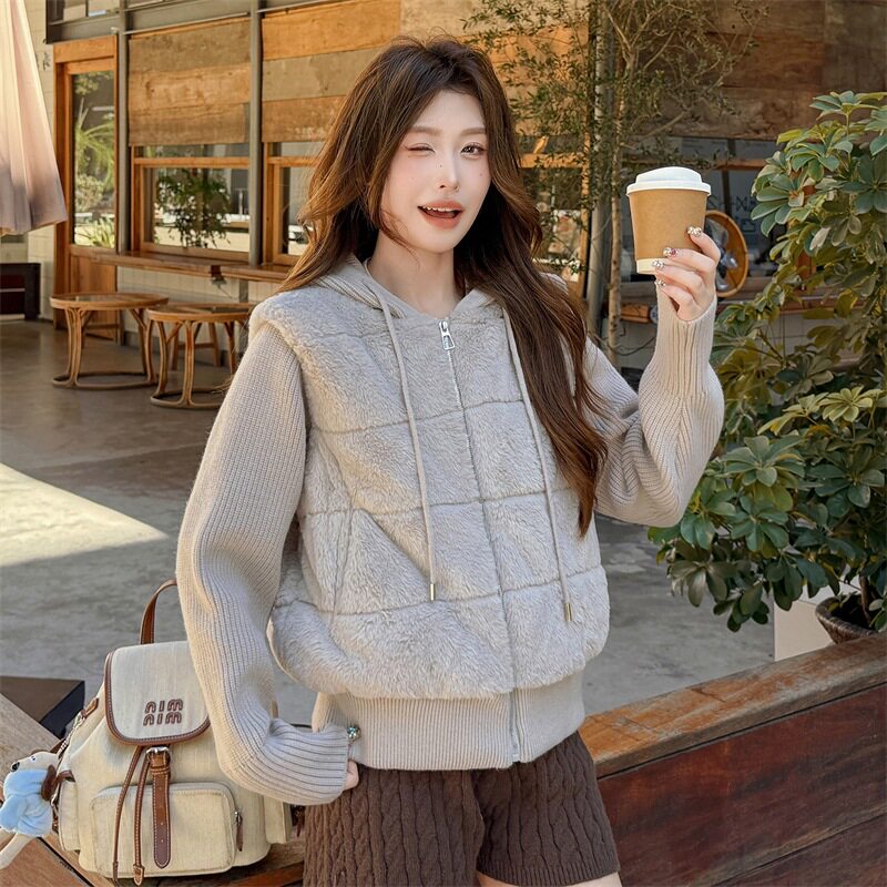 欧美仿水貂绒拼接连帽开衫毛衣女2026秋冬新款宽松休闲厚棉服外套