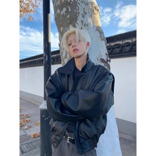 黑色短款美式cleanfit皮衣外套男秋冬款高级感痞帅飞行员机车夹克