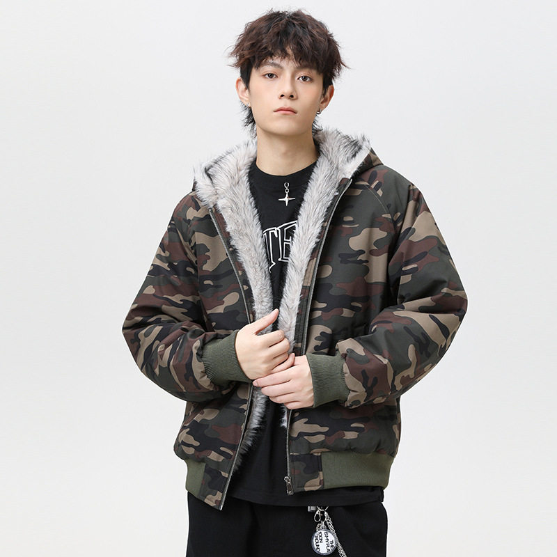 冬季座山雕迷彩连帽加厚棉服男