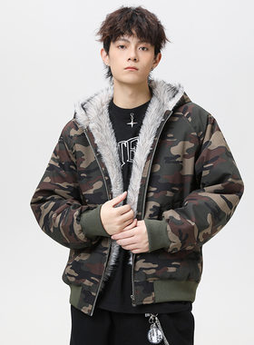 冬季座山雕迷彩连帽加厚棉服男