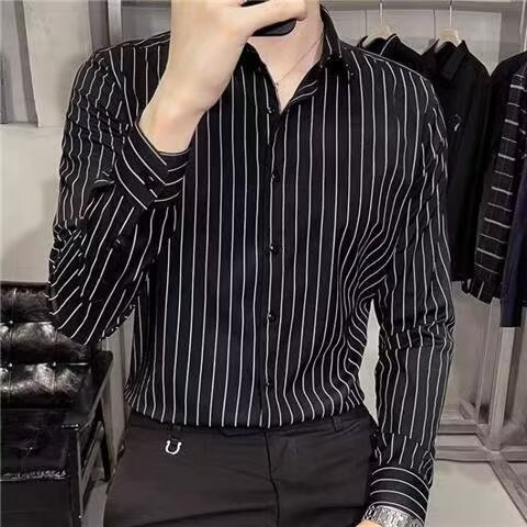 黑色条纹修身免烫男士长袖衬衫