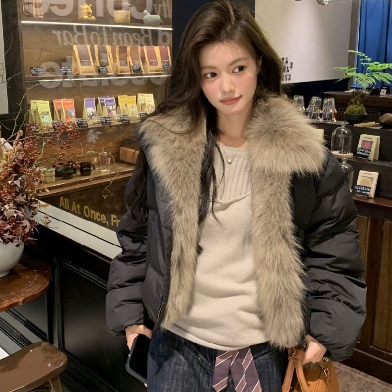 韩系加厚保暖短款大毛领棉服