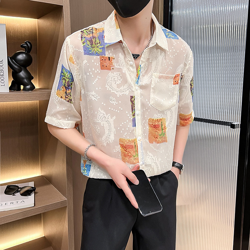男士冰丝透气宽松五分袖花衬衫