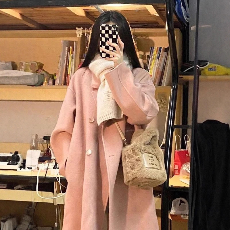 韩系粉色大衣女秋冬季2025新款中长款赫本风小个子毛呢外套高级感