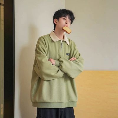 polo衫卫衣男春秋季日系复古撞色翻领上衣重磅学院风休闲宽松外套