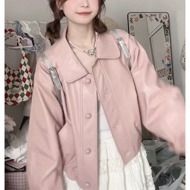复古甜美粉色PU皮衣外套女
