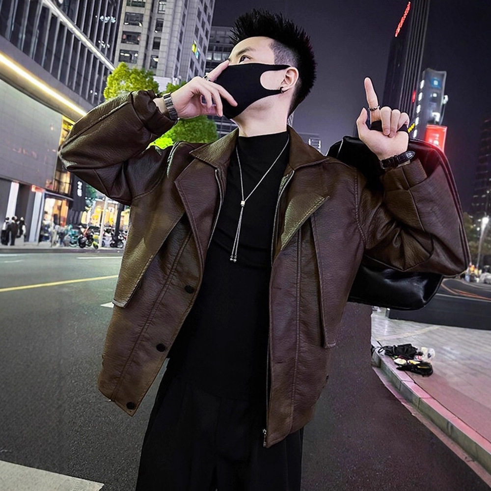 美拉德棕男翻领机车皮衣春秋夹克