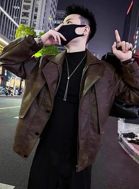 美拉德棕男翻领机车皮衣春秋夹克