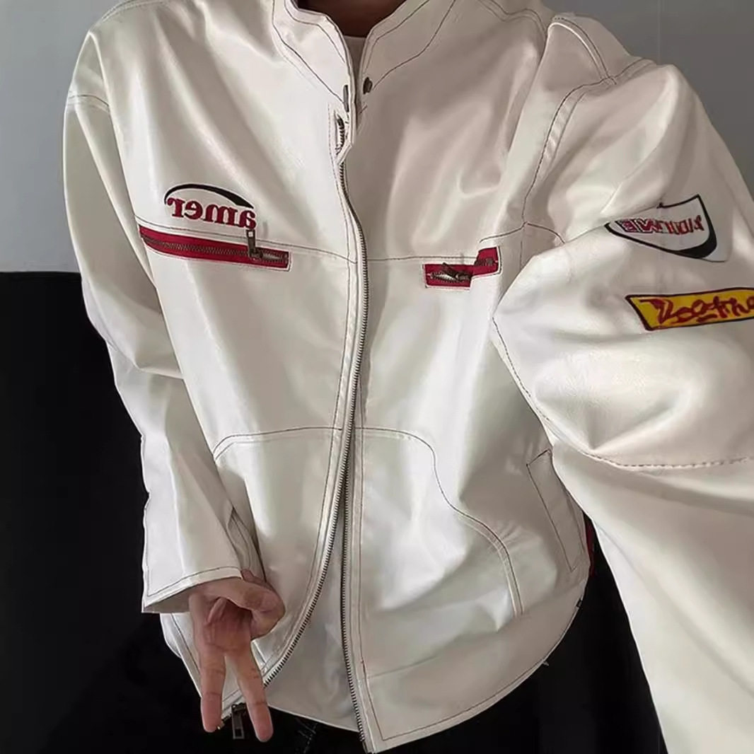白色短款机车皮衣男刺绣高街潮