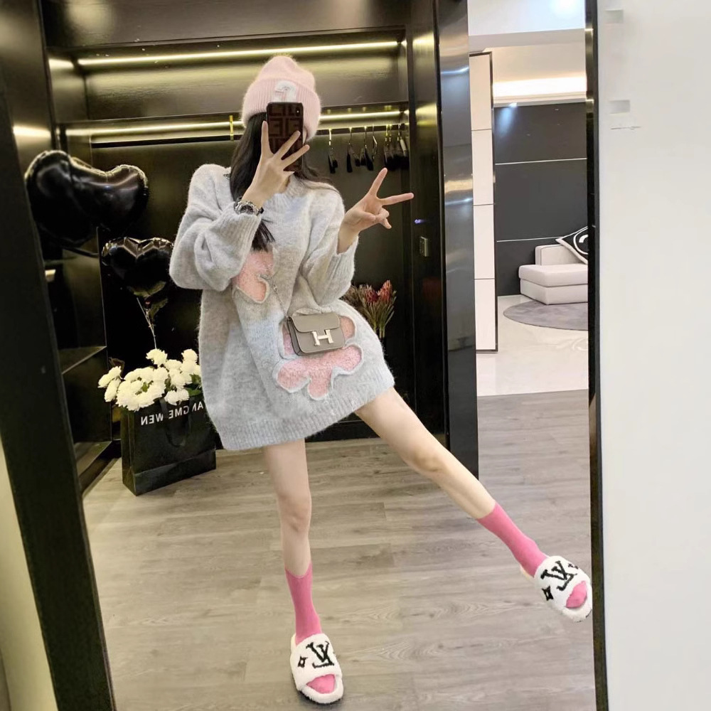 Leathercat毛衣女秋冬新款小众设计感小个子宽松慵懒风针织衫上衣