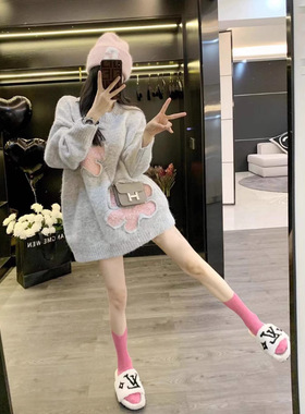 Leathercat毛衣女秋冬新款小众设计感小个子宽松慵懒风针织衫上衣