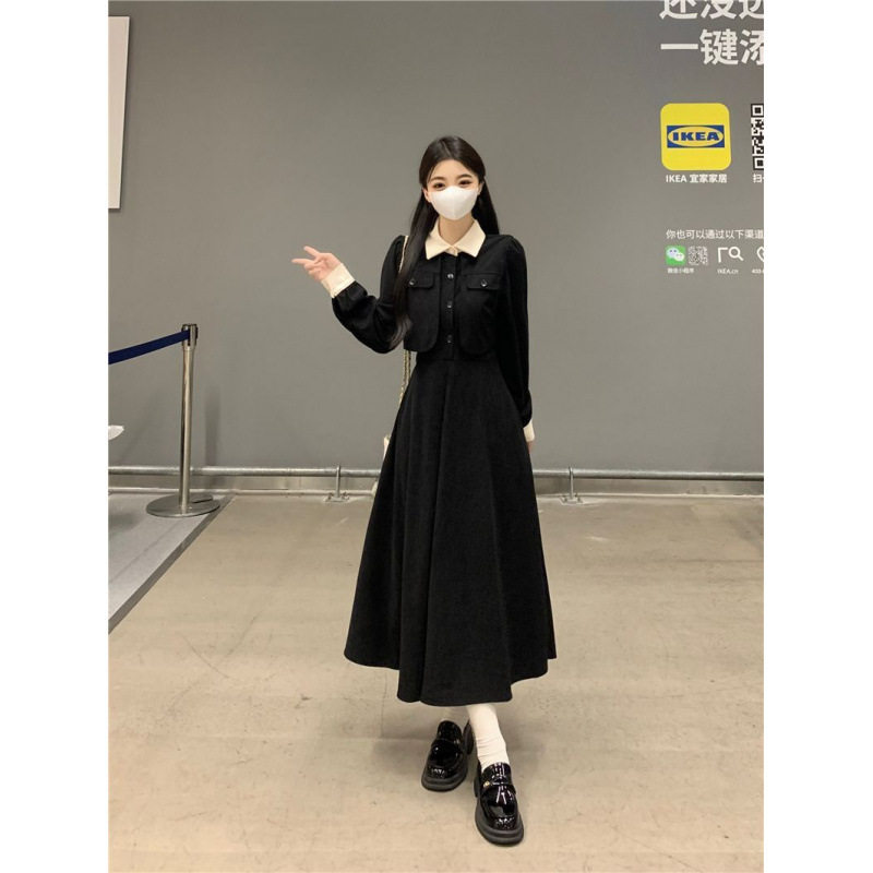 黑色赫本风显瘦连衣裙套装