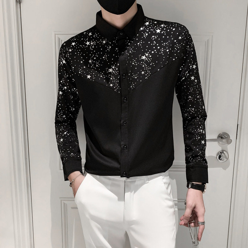 2024新款个性亮片闪闪长袖衬衫男国潮服装主持人设计感中袖黑衬衣
