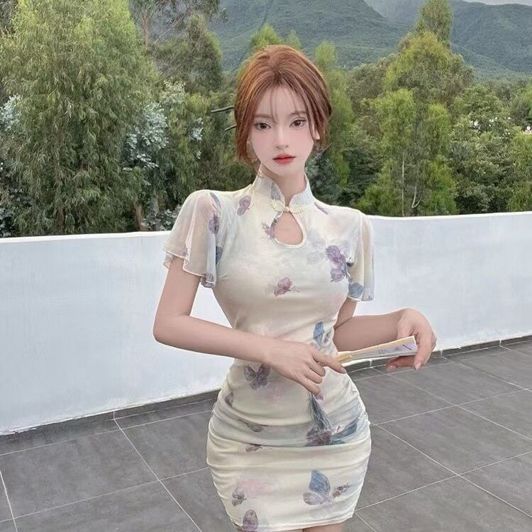 夏季新中式显瘦荷叶边短袖旗袍裙