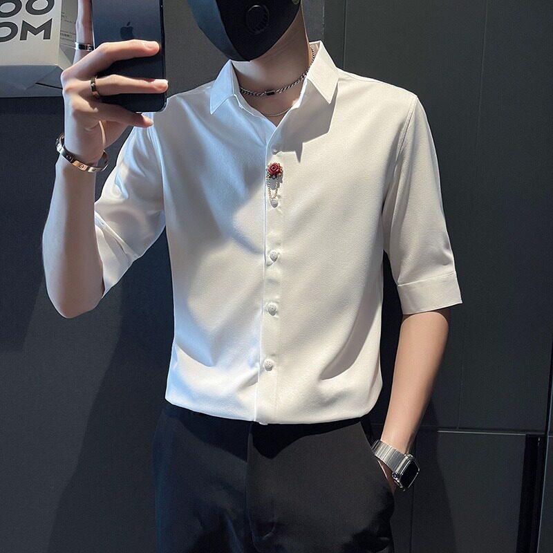 夏季男士修身玫瑰五分袖衬衫