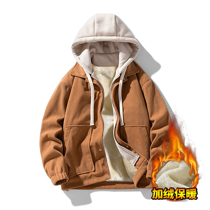 日系潮牌灯芯绒连帽加绒卫衣男