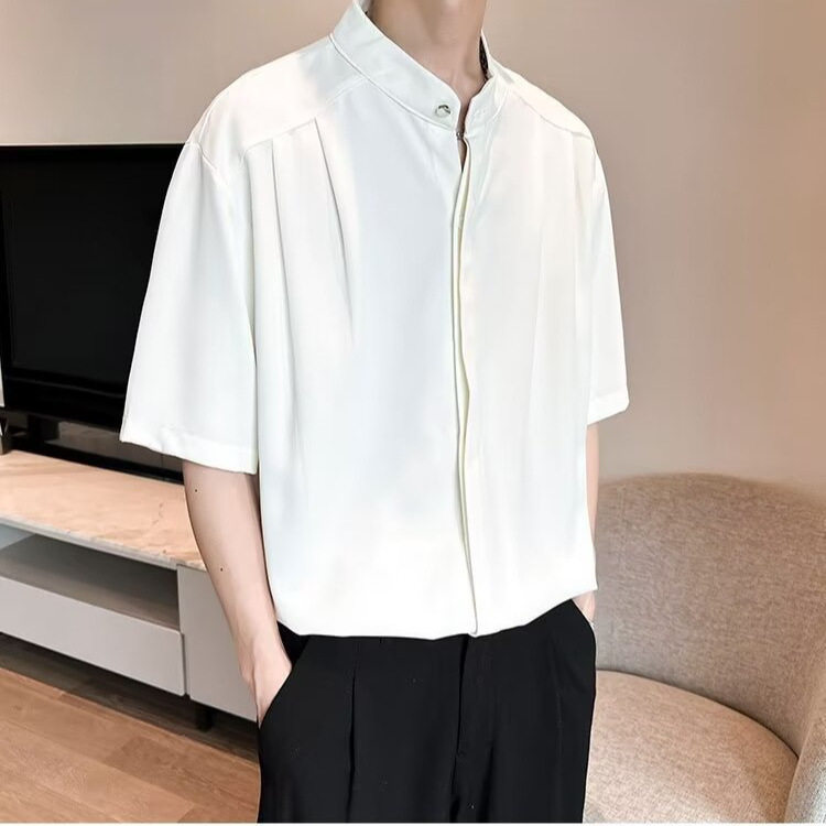 夏季男士纯色宽松薄款短袖衬衫