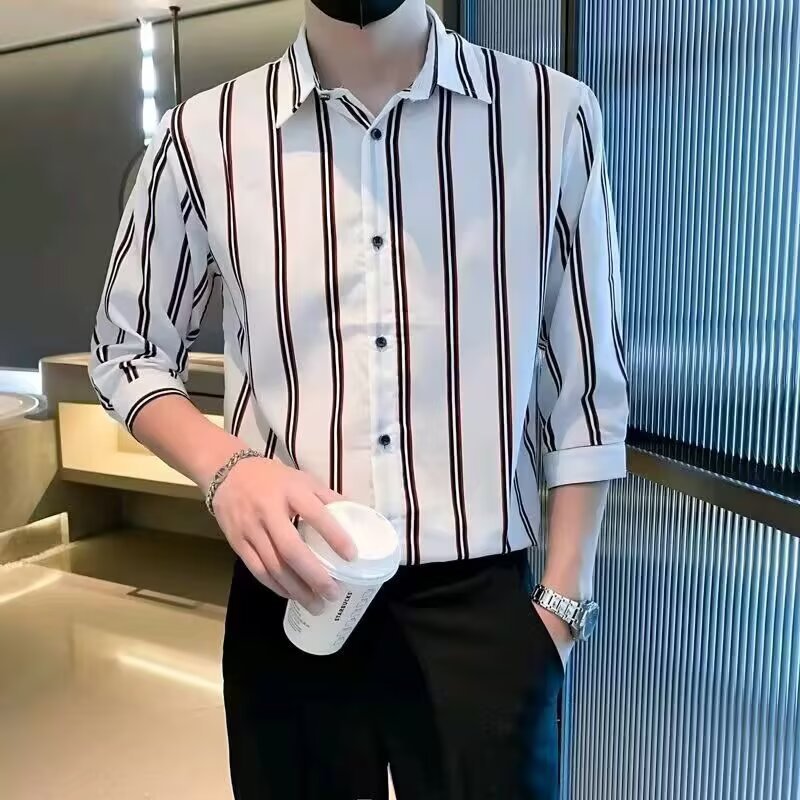 夏季冰丝七分袖条纹修身男士衬衫