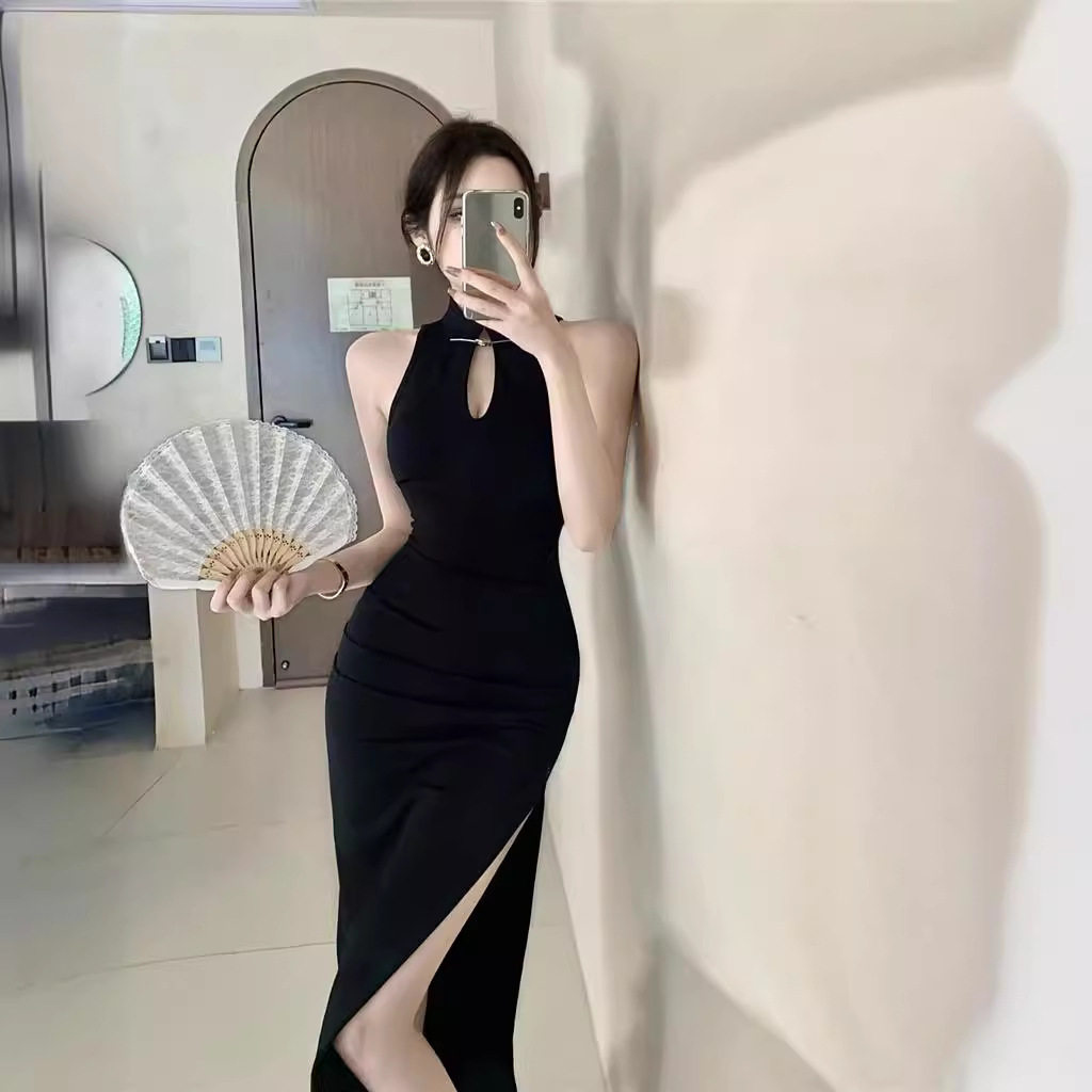 高级性感改良旗袍晚礼服长裙女春夏御姐气质新中式开叉挂脖连衣裙