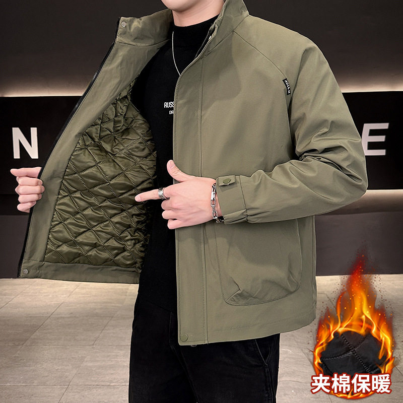 秋冬季新款加棉夹克青年男士宽松立领纯色加厚机能风潮流棉衣外套