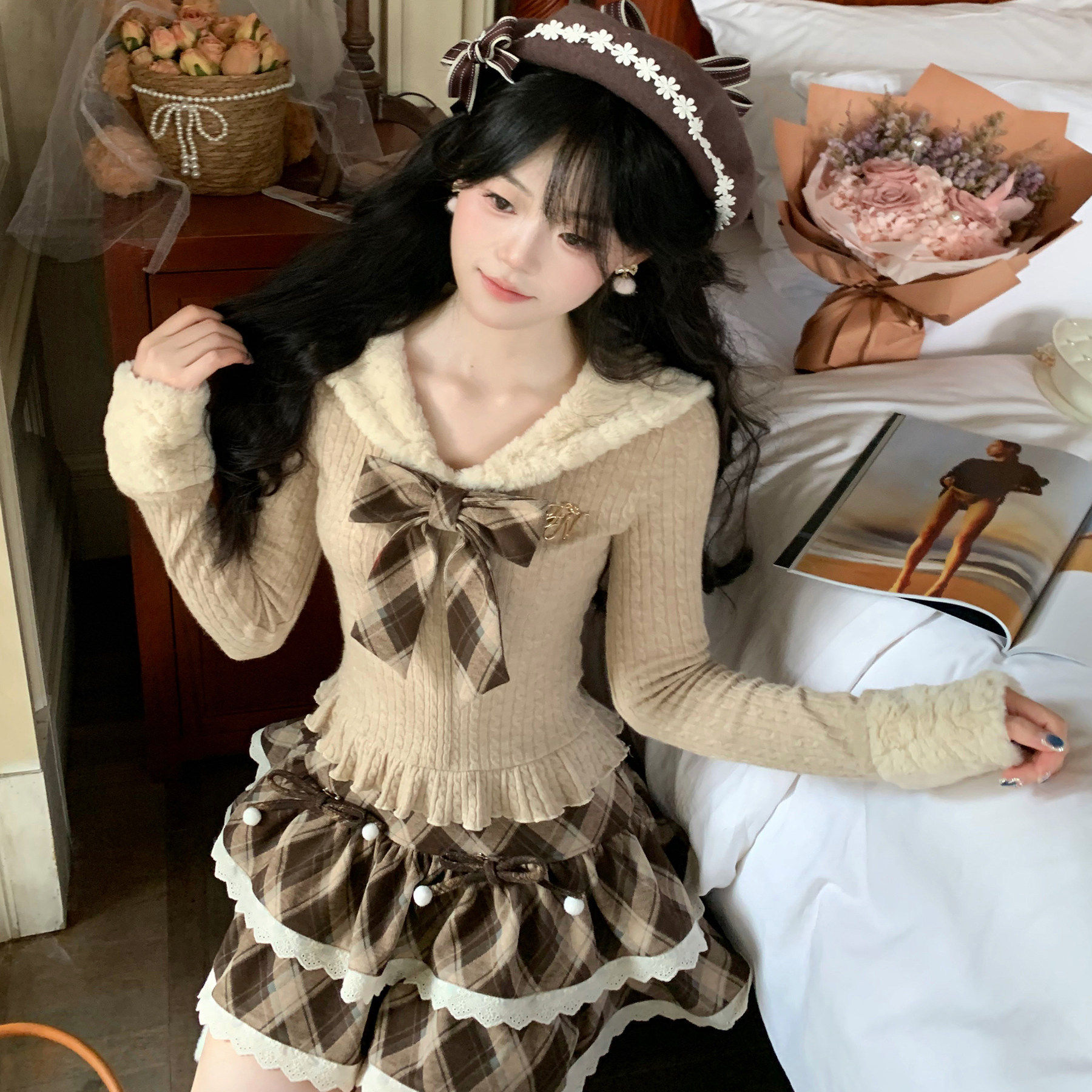 可爱甜美学院风jk制服套装春秋季温柔巨好看蝴蝶结上衣短裙两件套