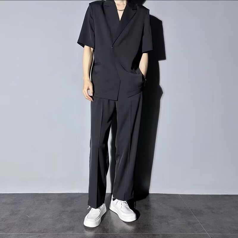 夏季新款双开叉七分中袖西装宽松短袖西服外套男款休闲感潮流上衣