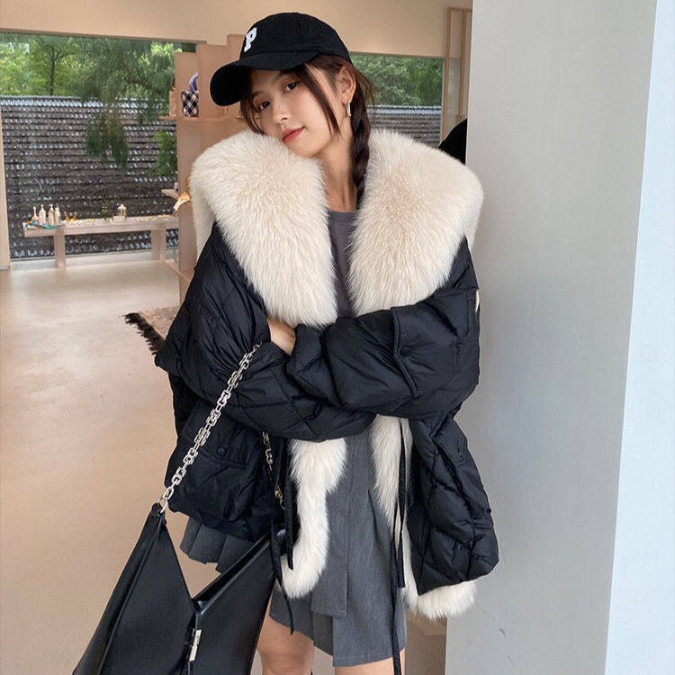 欧货冬季海军领狐狸毛棉服外套