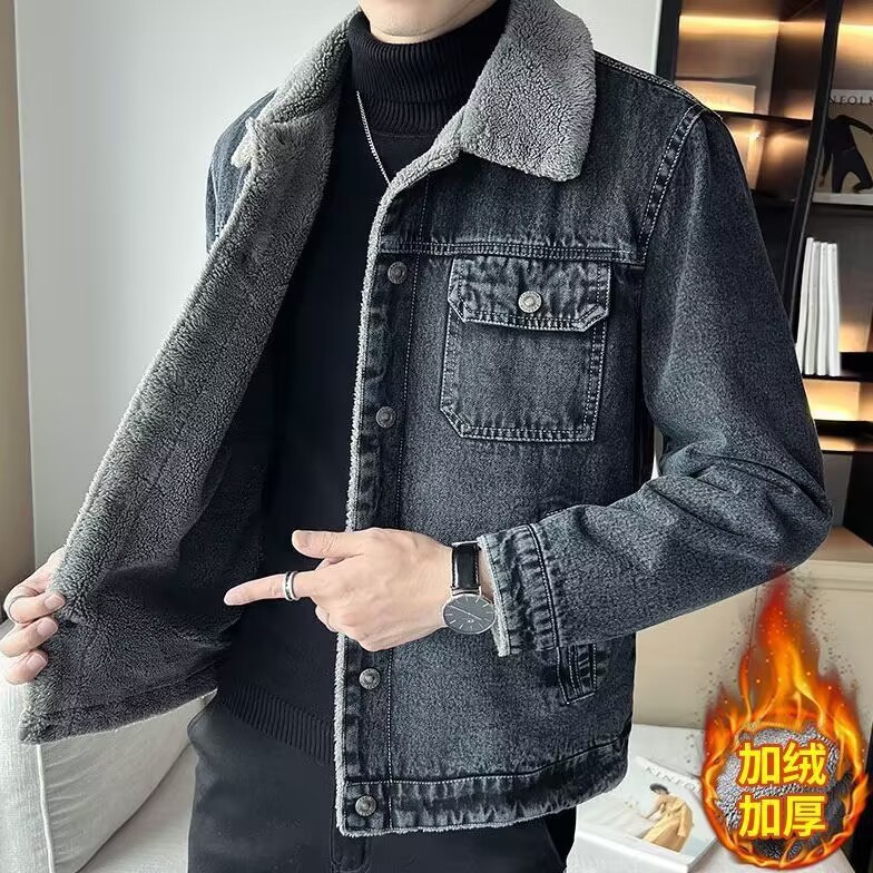 男士加绒加厚羊羔毛牛仔夹克