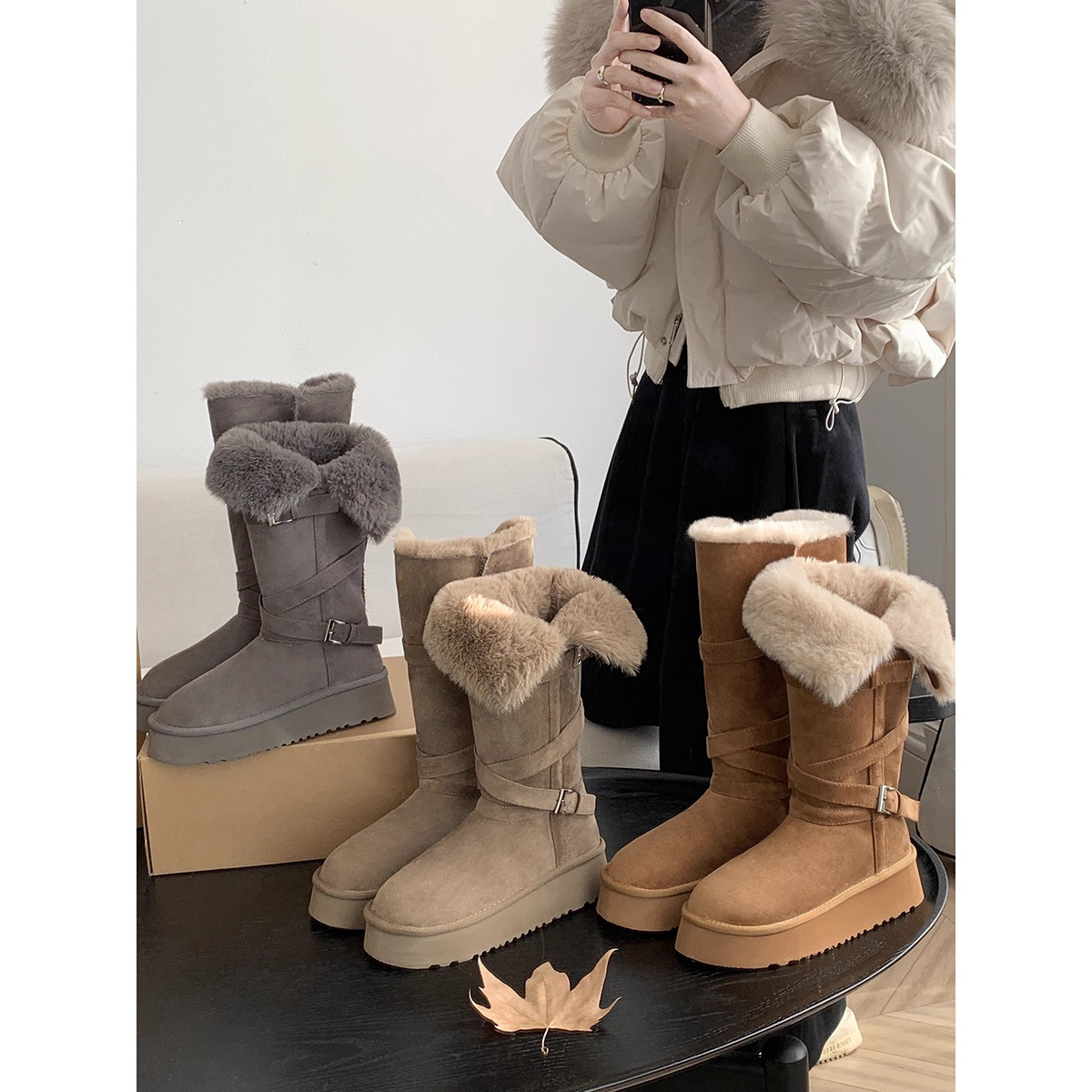 灰色长筒雪地靴女2025冬季新款厚底增高加绒加厚高筒保暖棉鞋子