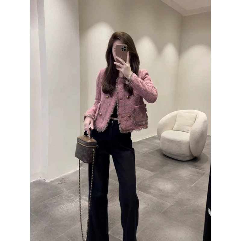 小香风粉色粗花呢短款外套小个子