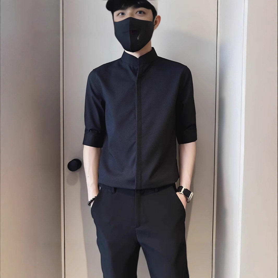 夏季冰丝男士立领五分袖衬衫