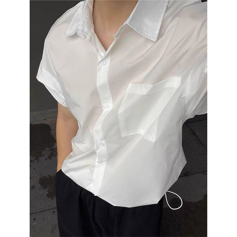 白色工装美式痞帅抽绳短袖衬衫男