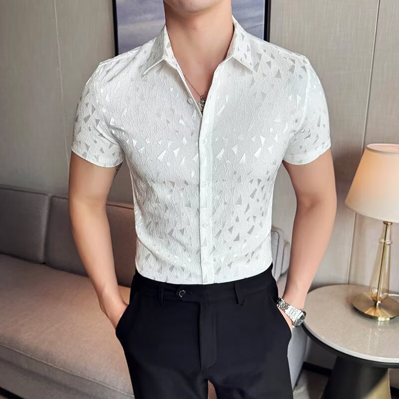 美式复古格纹翻领短袖衬衫男款夏季薄款休闲开衫外套夏天寸衫衬衣