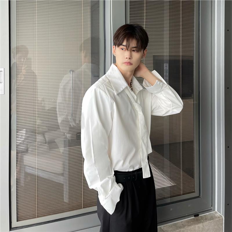 法式高级感垫肩大尖领男衬衫