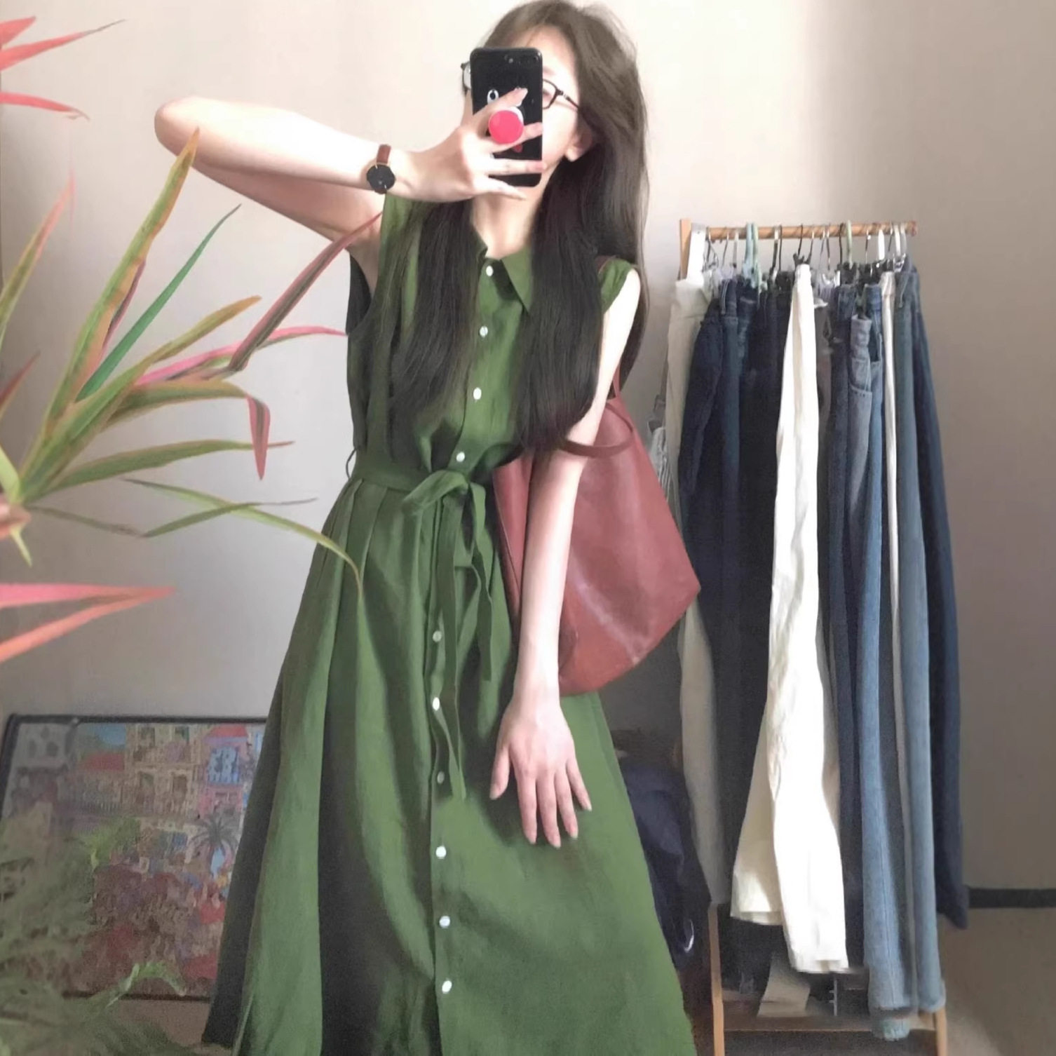 法式复古绿色无袖系带显瘦连衣裙