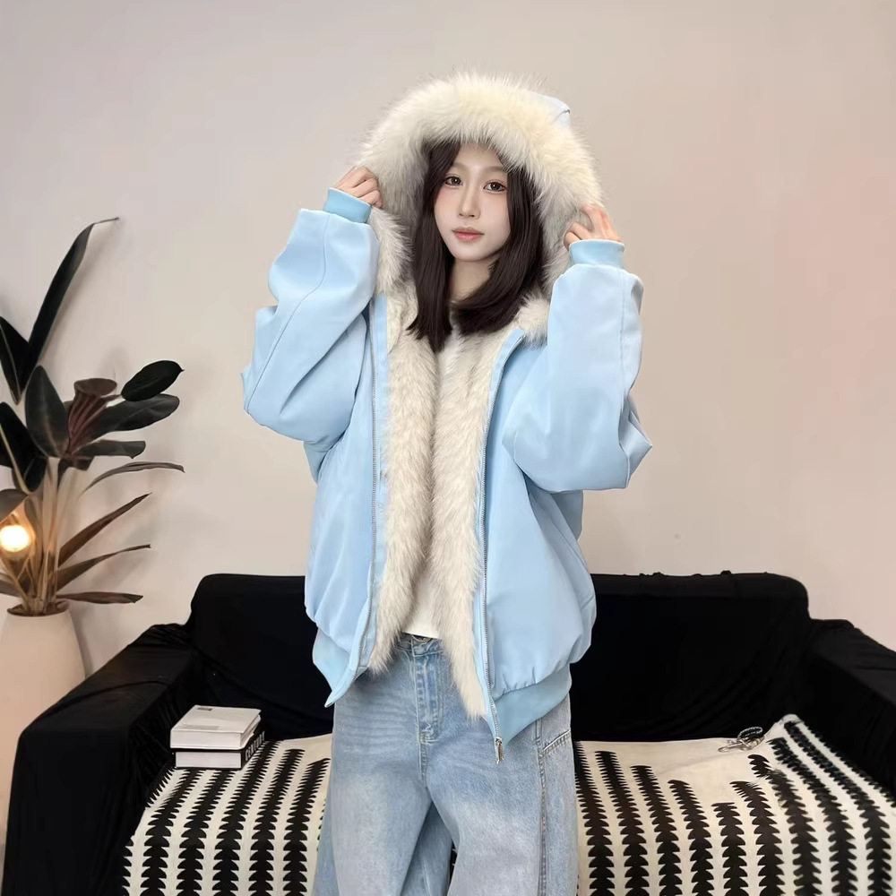 冬季新款大理石座山雕连帽棉服男女款PU皮加厚仿貂毛保暖情侣棉服
