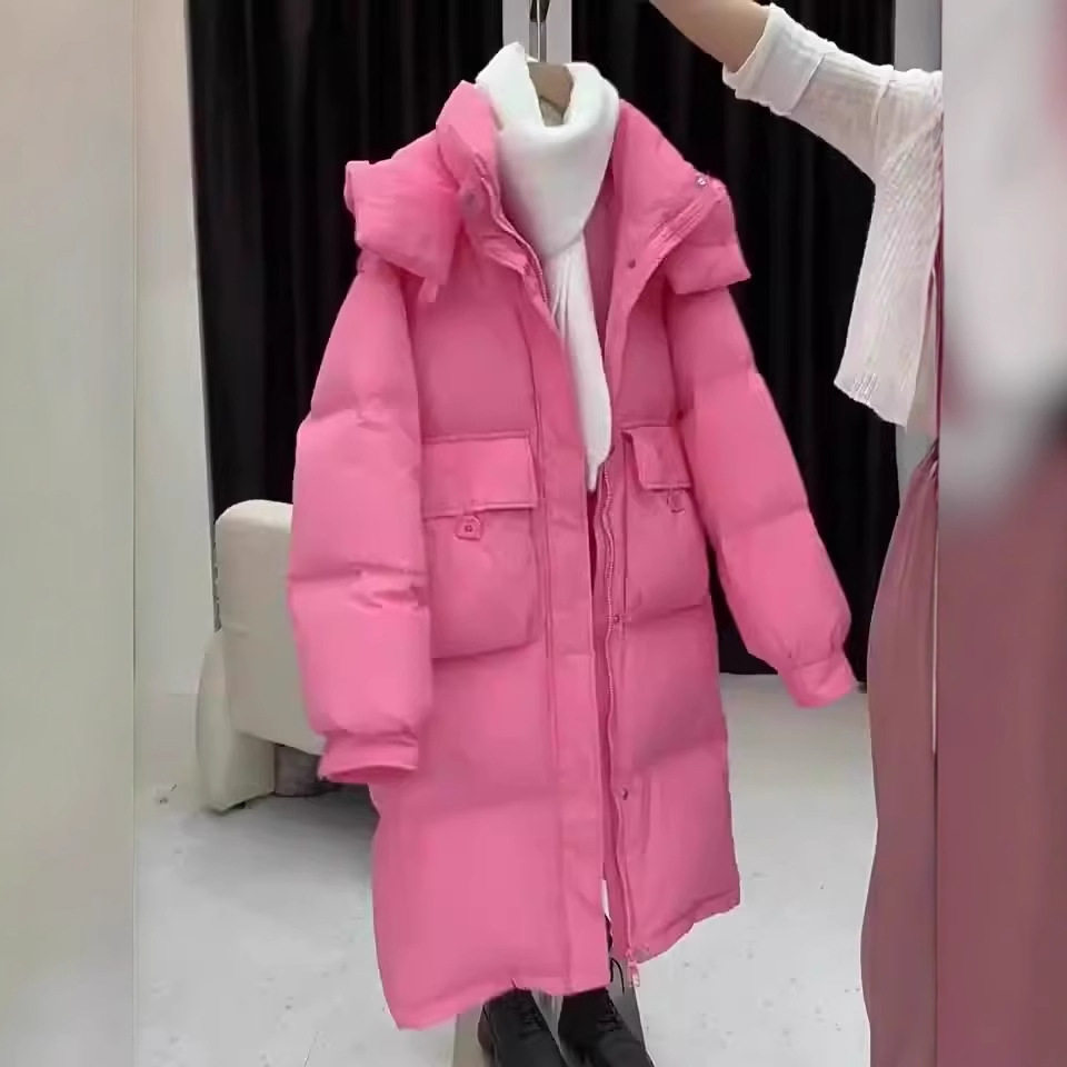 粉色羽绒棉服女冬季新款韩版棉衣收腰中长款加厚显瘦连帽外套棉袄