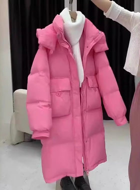 粉色羽绒棉服女冬季新款韩版棉衣收腰中长款加厚显瘦连帽外套棉袄