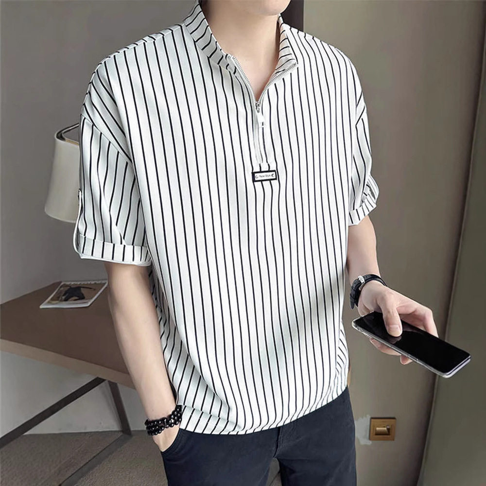 条纹半拉链立领宽松男T恤夏季