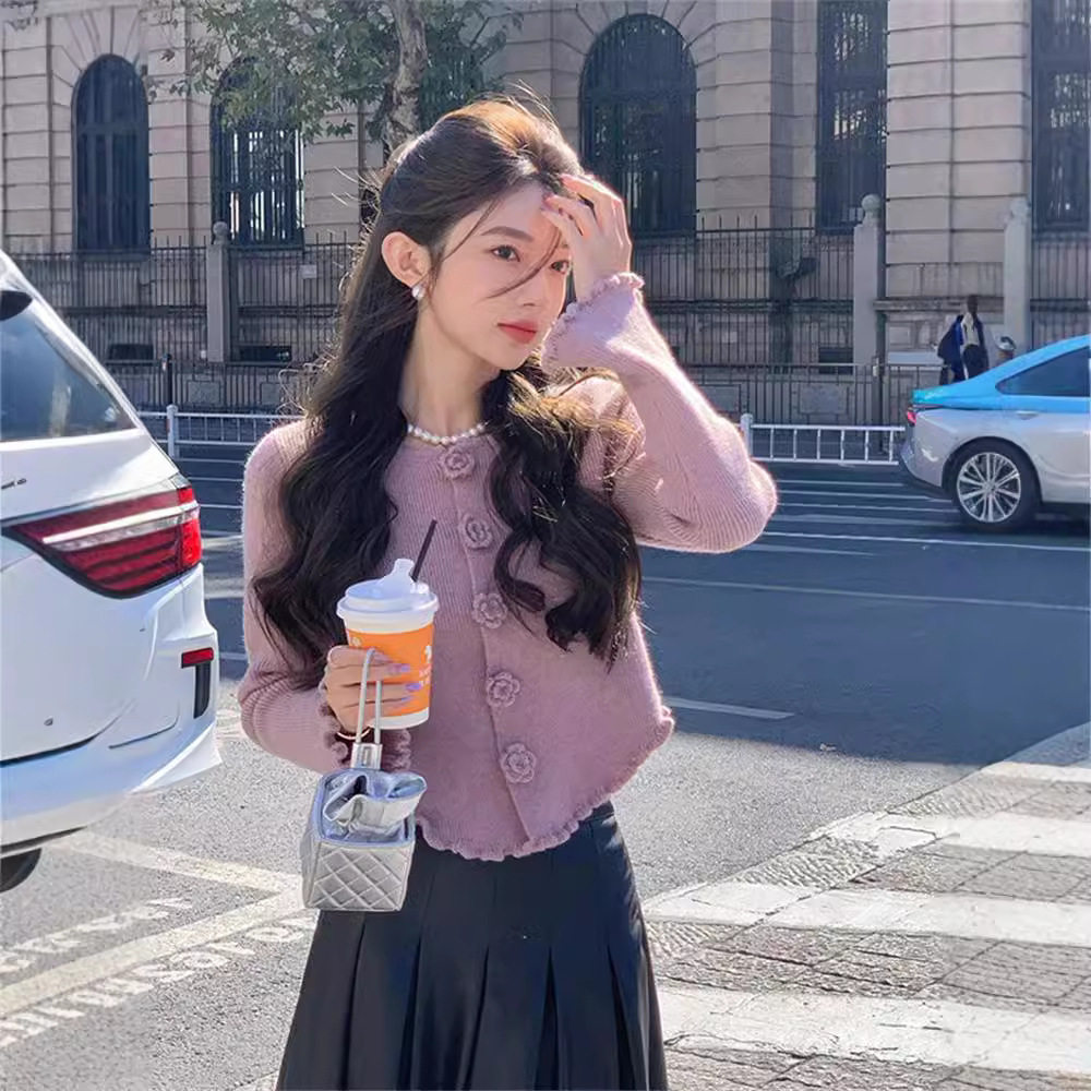 韩系紫色山茶花短款针织开衫女