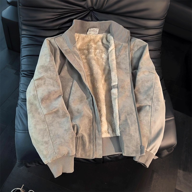 美式扎染PU皮加绒立领机车棉服